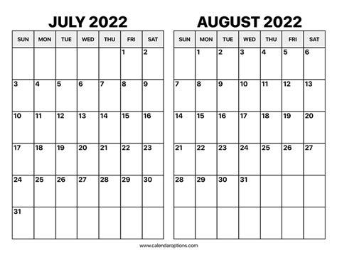 July August 2022 Calendar Printable